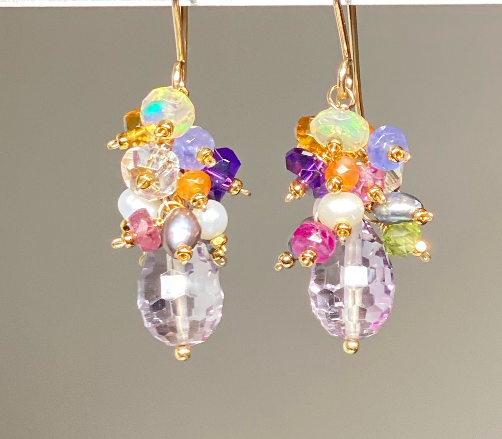 PInk Amethyst Multi Gemstone Cluster Dangle Earrings