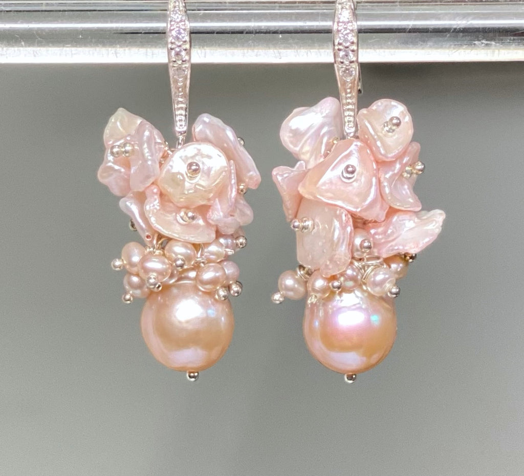 Pink Pearl Cluster Earrings, Blush Pink Keishi Pearls