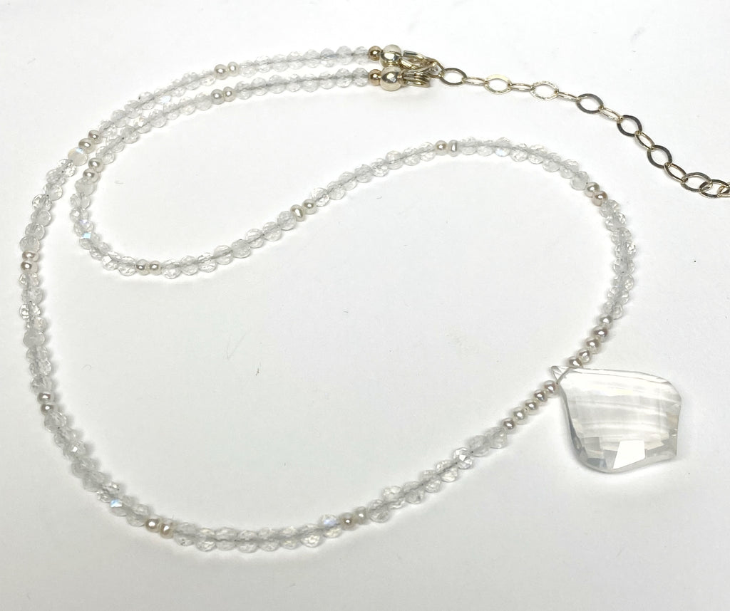 Dainty Rainbow Moonstone Pearl, Ice Quartz Pendant Bridal Necklace