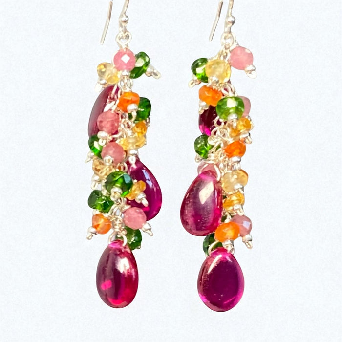 Rubellite Multi Gemstone Long Dangle Earrings Sterling Silver