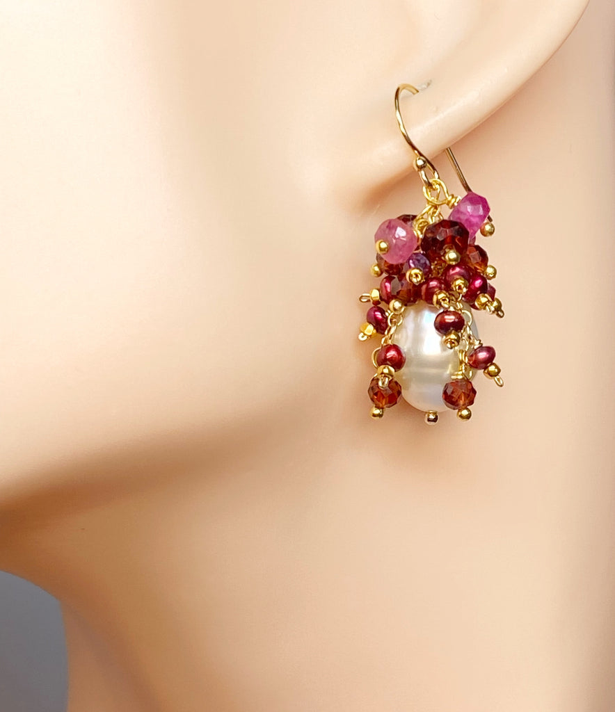 Red, White, Sapphire, Opal and Pearl Earring