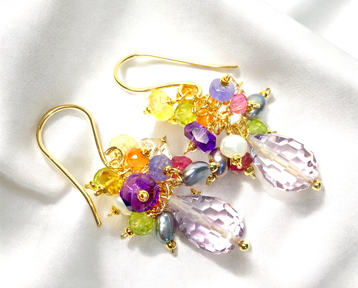 PInk Amethyst Multi Gemstone Cluster Dangle Earrings 2