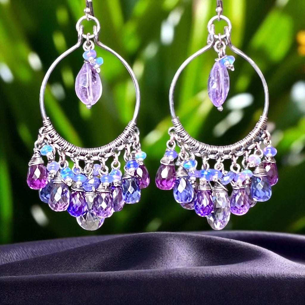 Blue Violet Gem Statement Chandelier Earrings in Oxidized Sterling Silver
