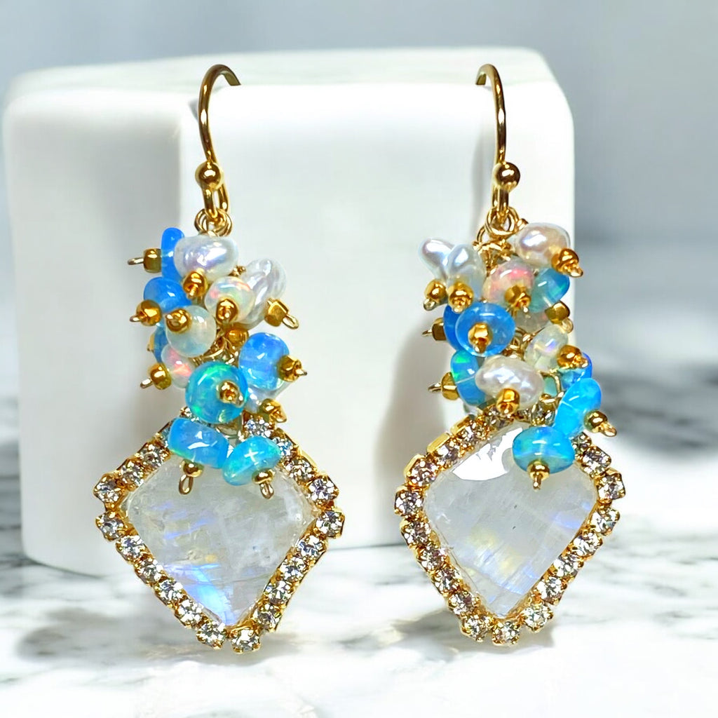 Rainbow Moonstone Diamond Style, Opal Cluster Dangle Earrings Gold