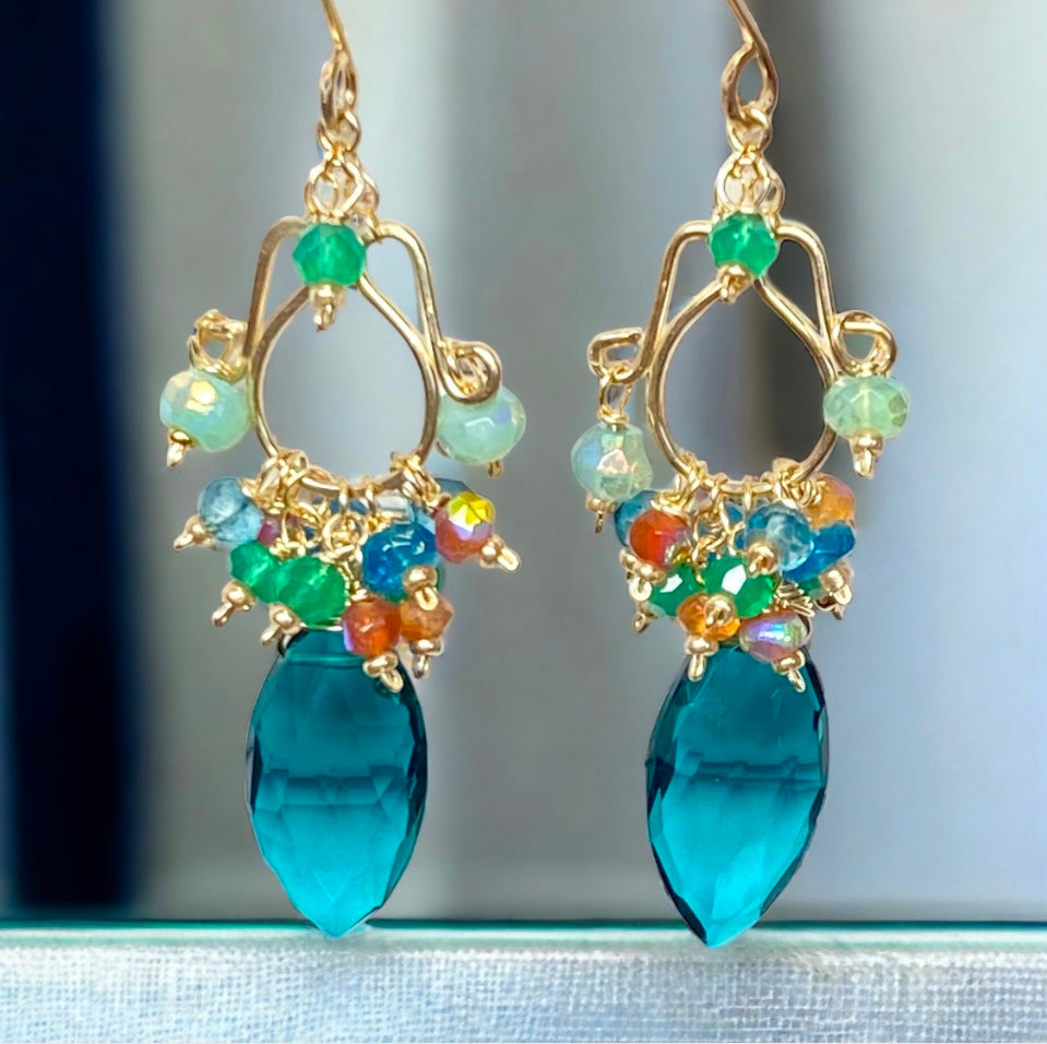 Teal and Multicolor Gemstone Chandelier Earrings Gold Fill