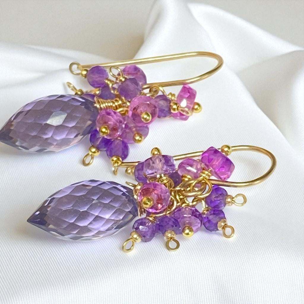 Amethyst, Violet Sapphire Cluster Earrings, Gold Fill