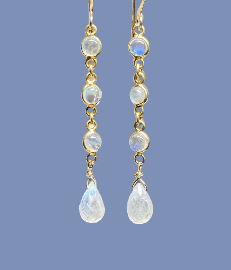 Rainbow Moonstone Teardrop Triple Dangle Earrings Gold Fill