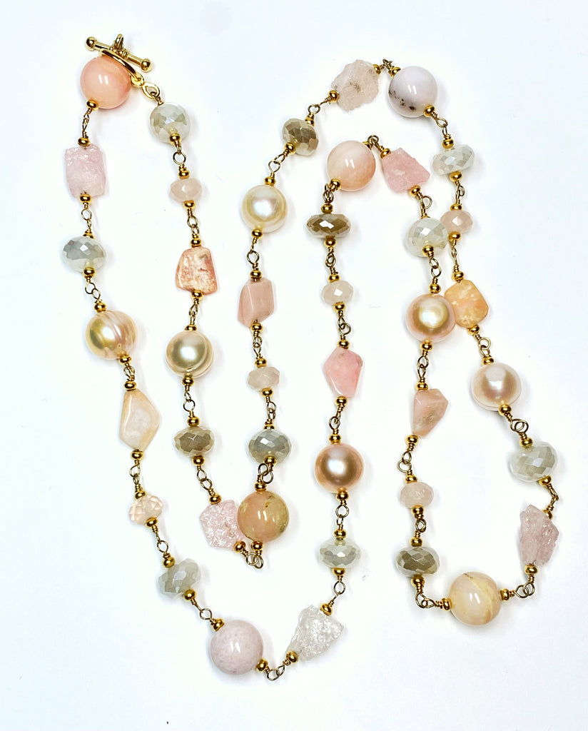 Pink Blush Gemstone and Pearl Long Necklace Gold Fill Wire Wrap