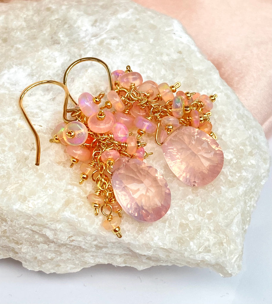 Pink Opal Cluster Earrings Rose Quartz Concave Cut Briolette Earrings Gold