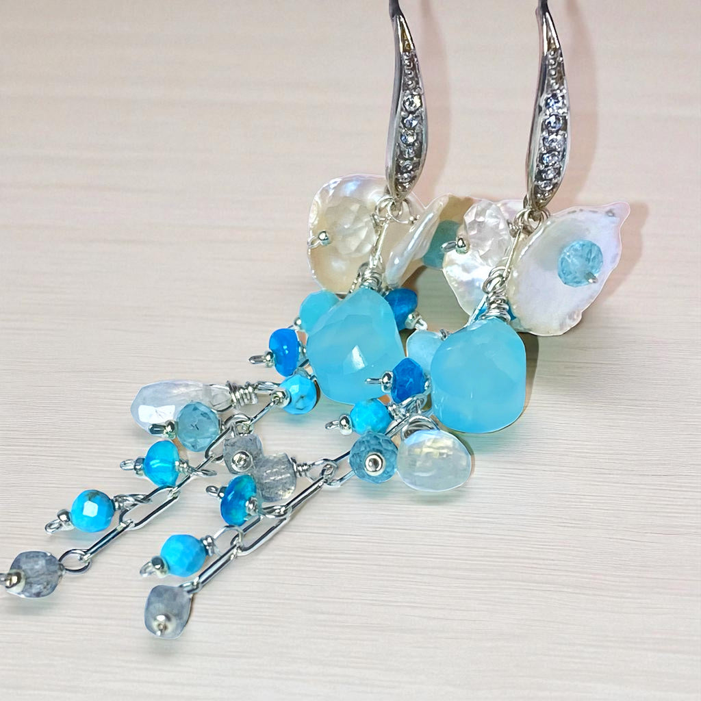 Aqua Chalcedony, White Keishi Pearl, Sterling Silver Long Dangle Earrings