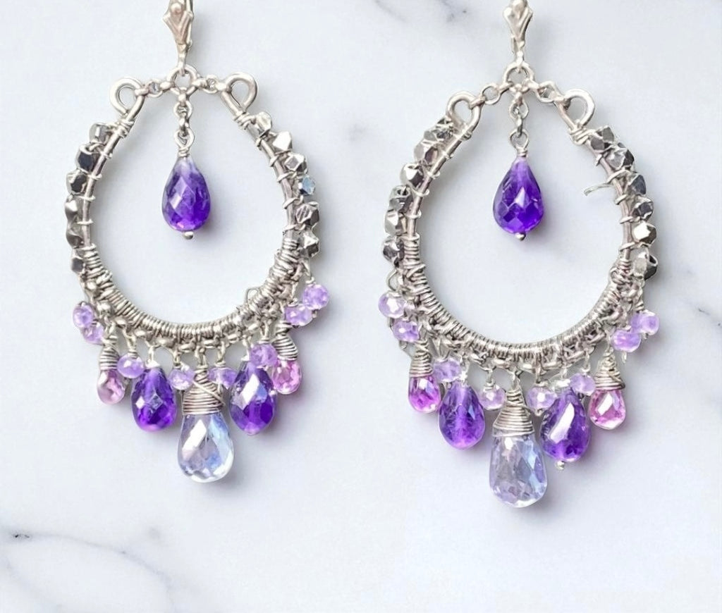 Boho Hoop Earrings Oxidized Sterling Silver Blue Violet Gemstones
