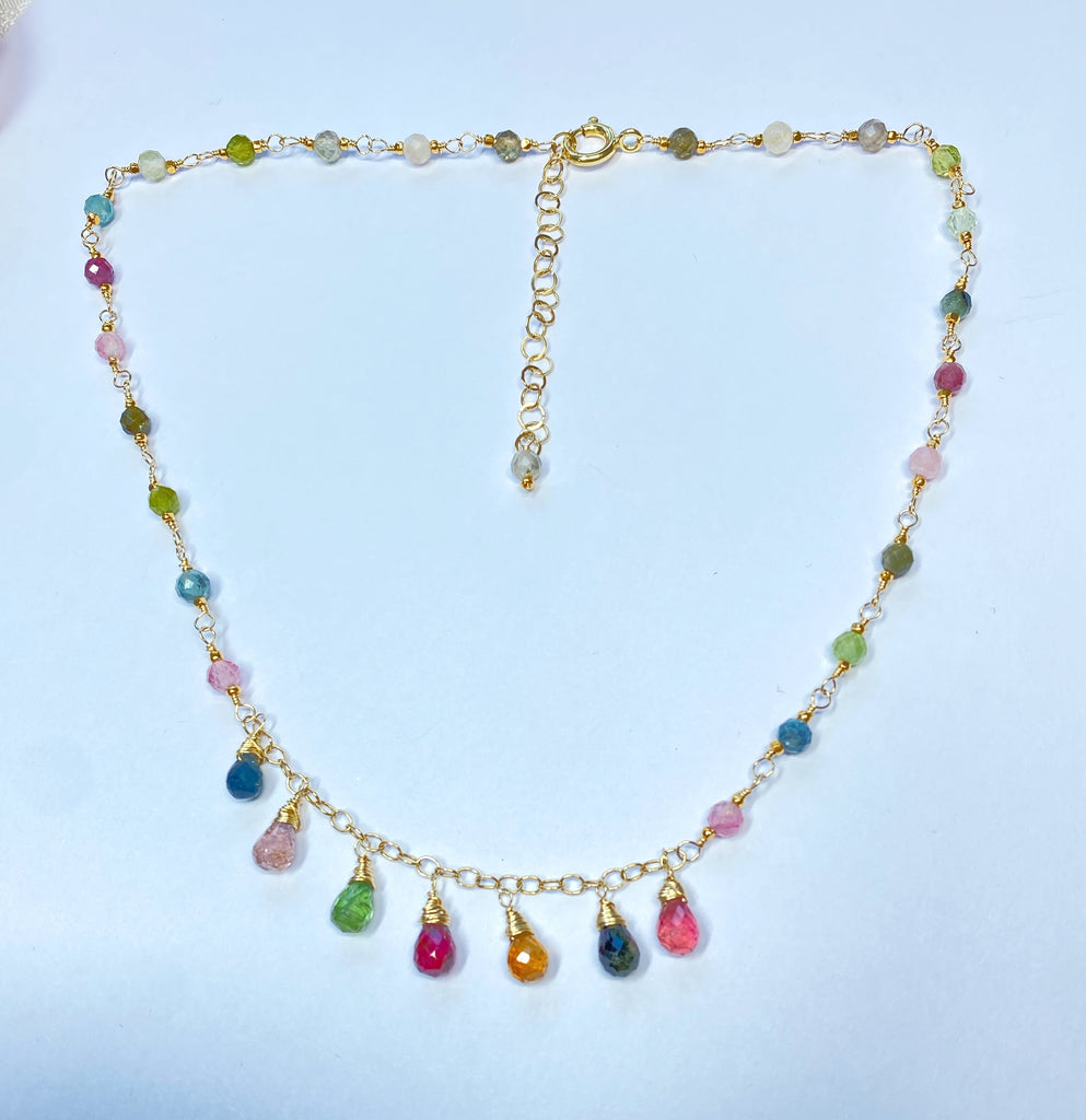 Tourmaline Gold Fill Dangle Necklace Rosary Style Wire Wrap