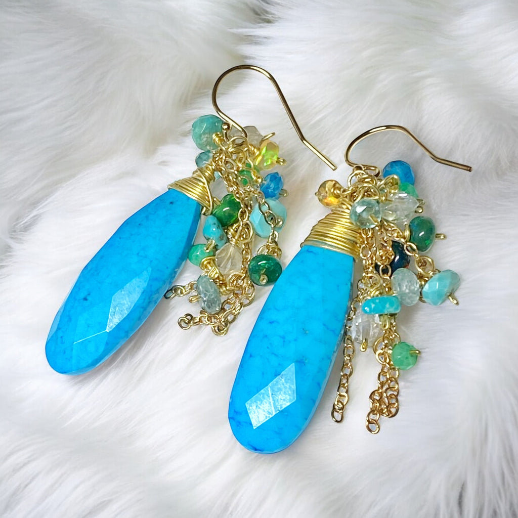 Turquoise & Ethiopian Opal Cluster Dangle Earrings Gold Fill