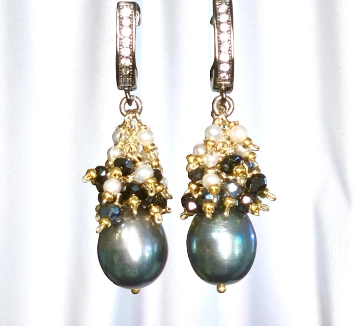Black Pearl Earrings with White Pearl and Black Spinel Clusters Lever Back