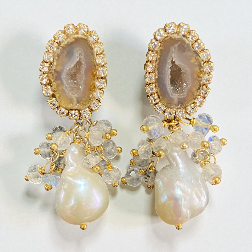 Golden Beige Tabasco Geode and Ivory White Baroque Pearl Earrings