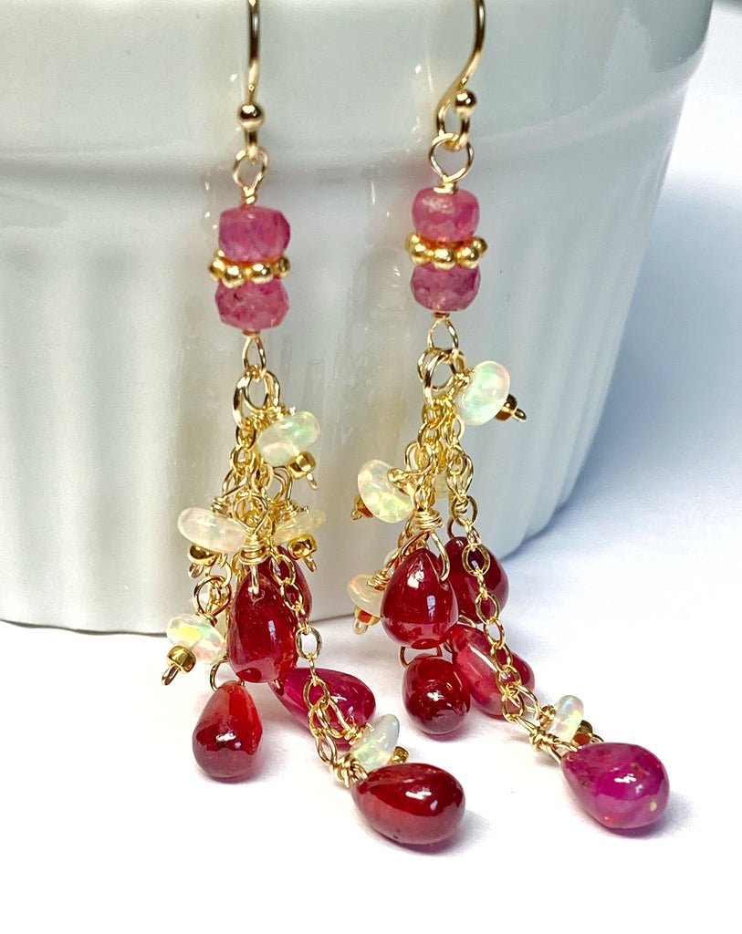 Pink Sapphire and Opal Tassel Earrings, Gold Fill