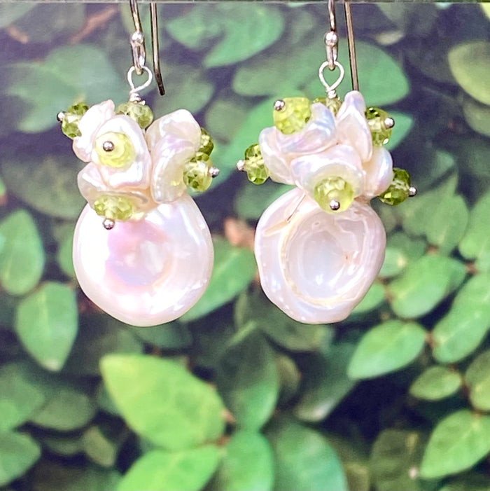Keishi Pearl and Peridot Gemstone Cluster Earrings