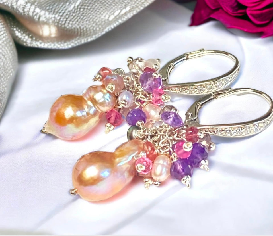 Baroque Pearl Amethyst Cluster Earrings Sterling SIlver