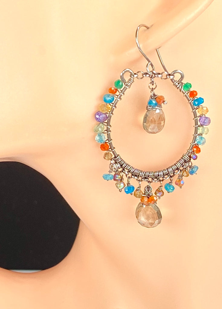 Multicolor Gemstone Hoop Chandelier Earrings, Mystic Smokey Quartz, Oxidized Silver