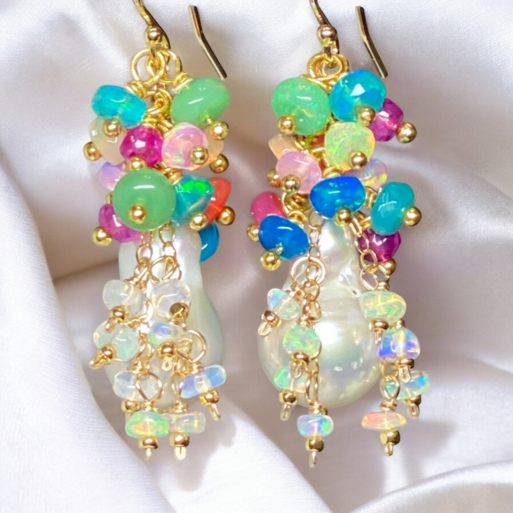 Baroque Flameball Pearl Cluster Earrings Multi-color Opals 4