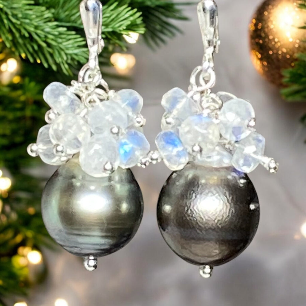 Tahitian Pearl Moonstone Cluster Earrings Sterling Silver