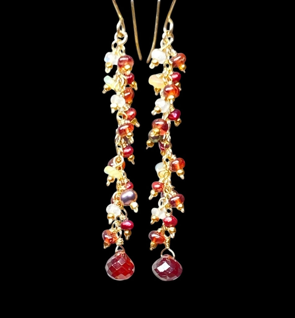 Red Garnet Cranberry Pearl and Opal Long Dangle Earring, Gold