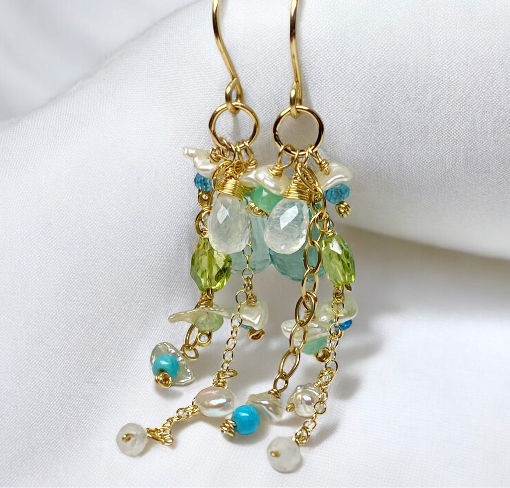 Aqua Gemstone Pearl Dangle Earrings Gold Fill