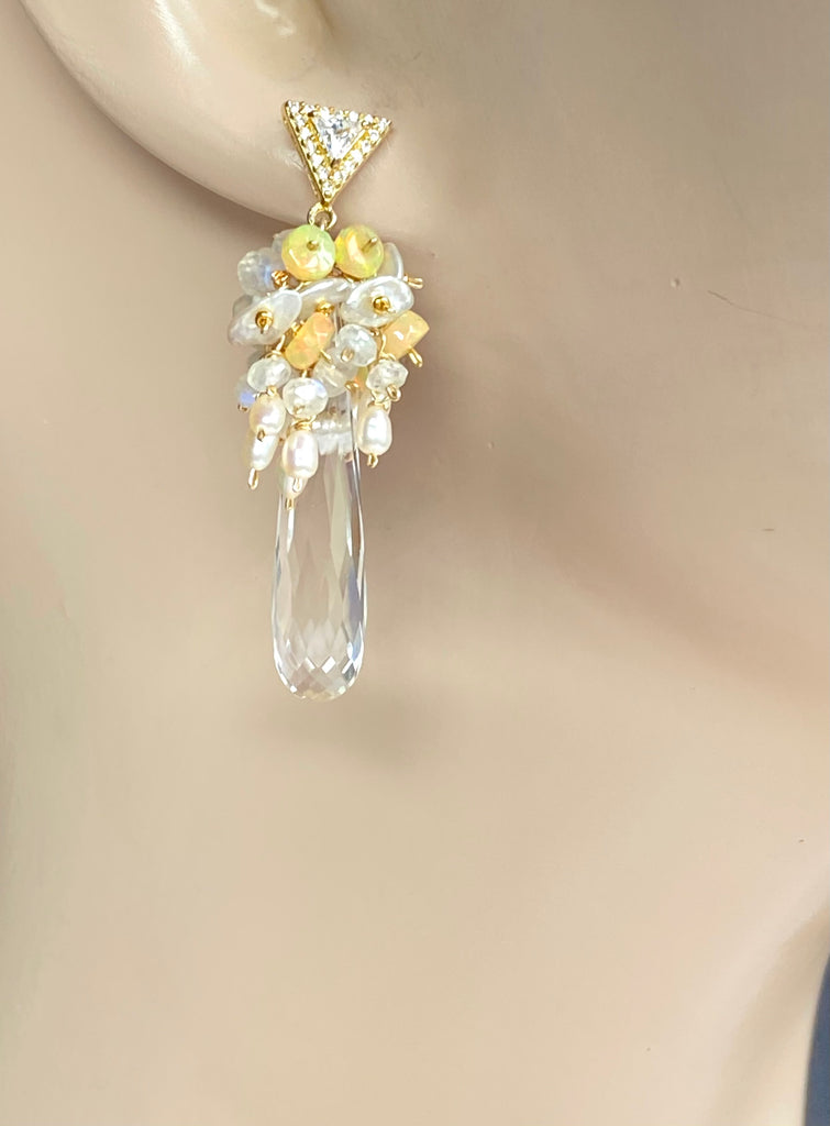 Crystal Quartz Opal and Moonstone Cluster Earrings Gold Post
