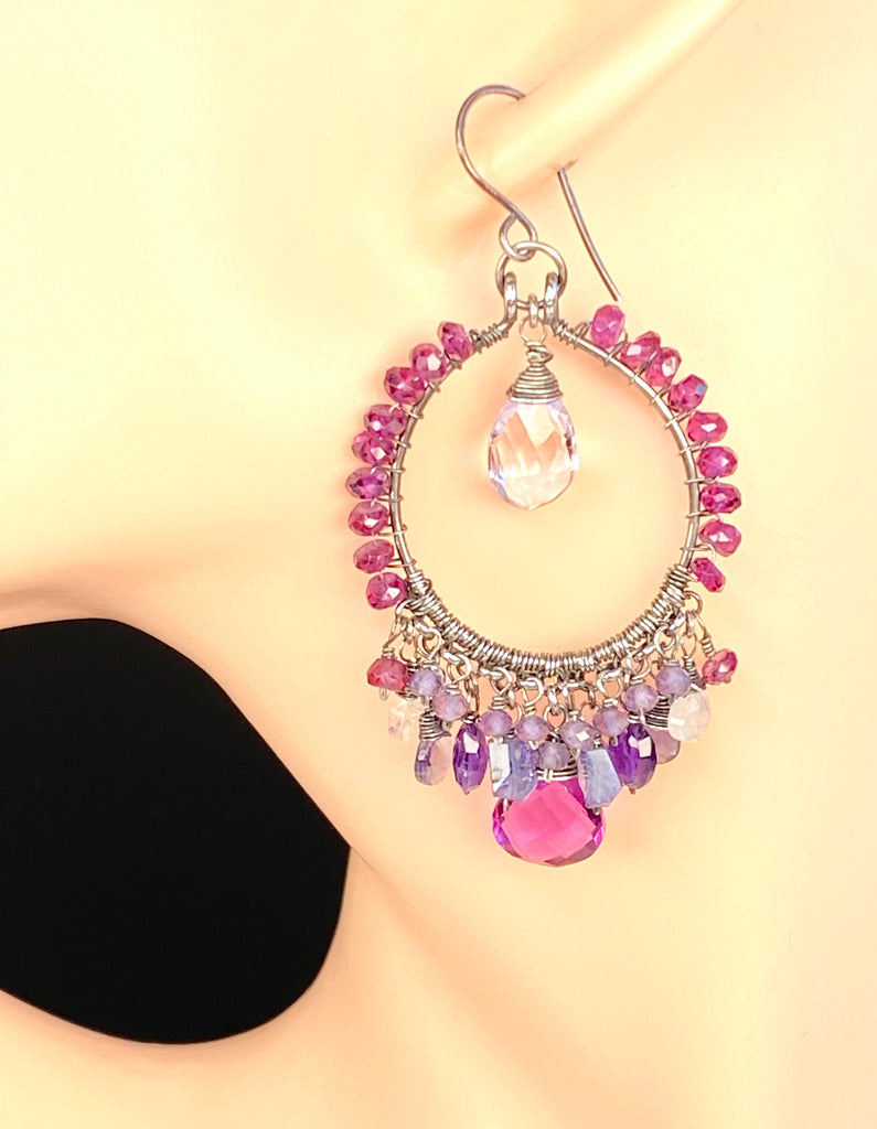 Rhodolite Garnet and Blue Violet Gemstone Chandelier Hoop Earrings - Doolittle