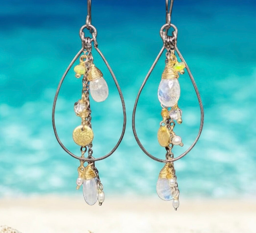 Rainbow Moonstone, Opal, Pearl Mixed Metal Hoops, Black and Gold