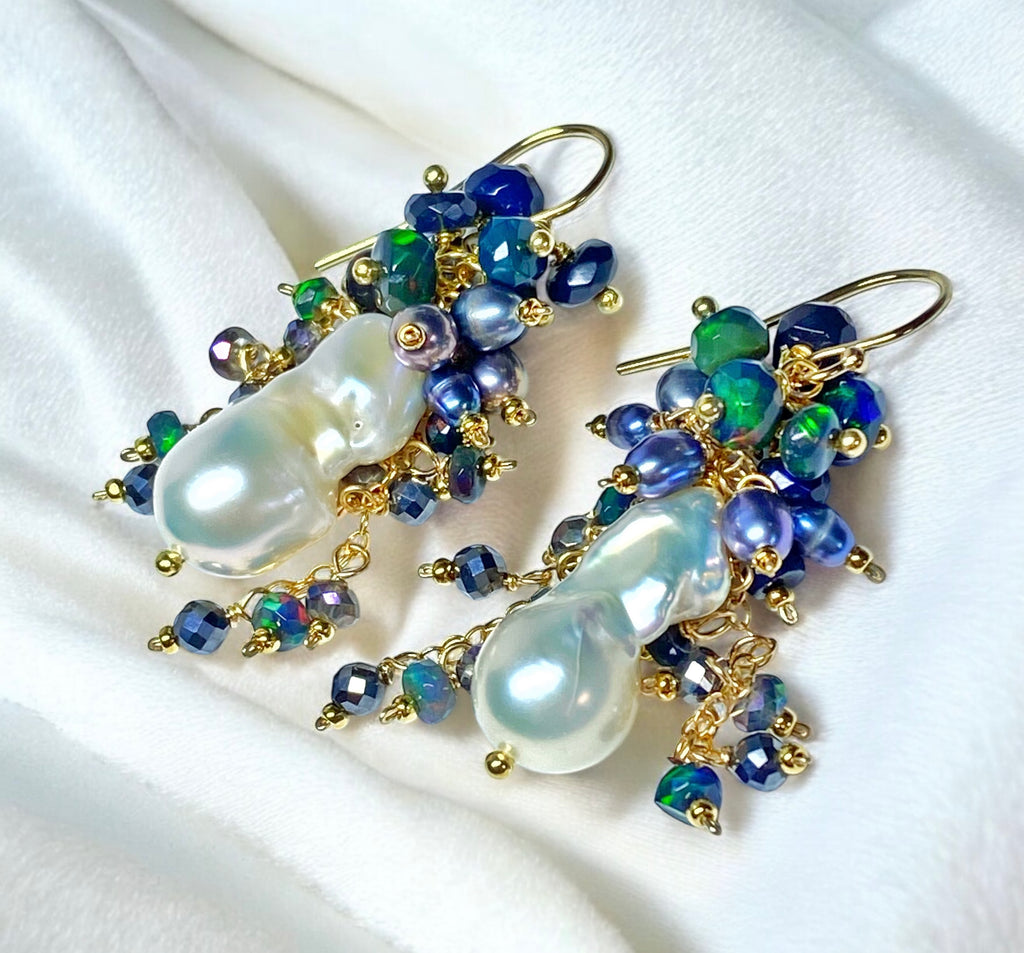 Baroque Pearl Earrings with Fiery Black Ethiopian Opals 2