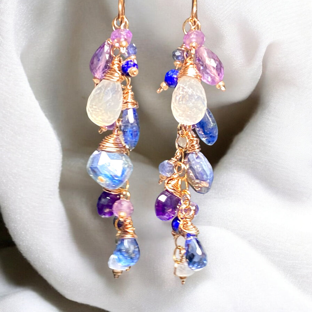 Rose Gold Boho Dangle Earrings with Kyanite, Amethyst & Moonstone | Handmade Gemstone Jewelry