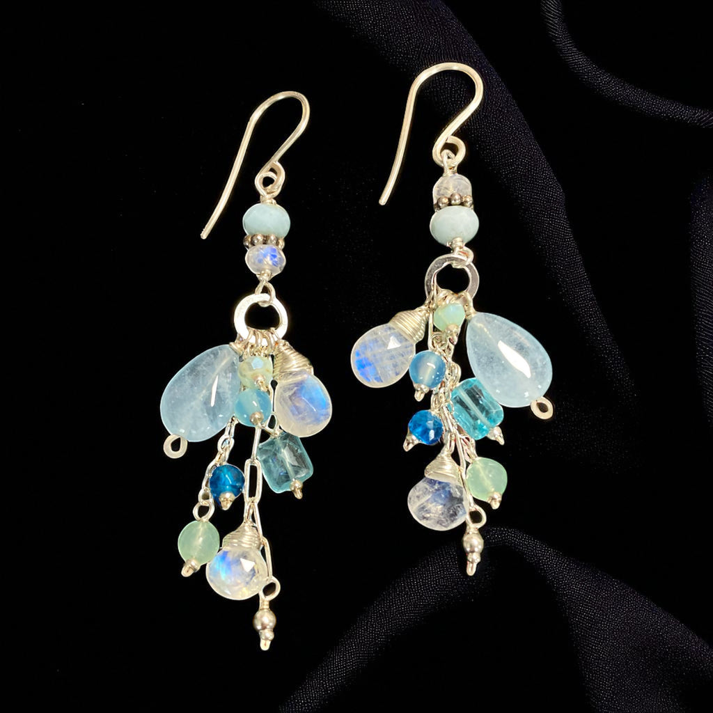 Aquamarine, Moonstone, Gemstone Long Sterling Silver Boho Dangle Earrings