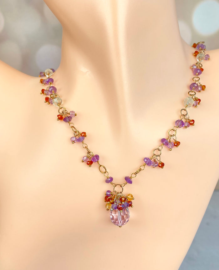 Pink Amethyst & Citrine Pendant Necklace in 14kt Gold Fill