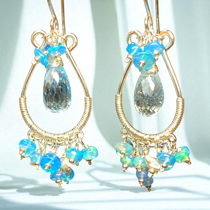 Blue Topaz and Opal Hoop Chandelier Earrings Sterling Silver