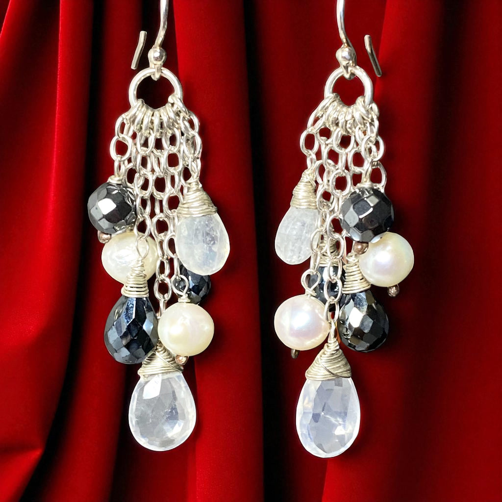 Black and White, Moonstone Black Spinel Dangle Earrings, Sterling SIlver