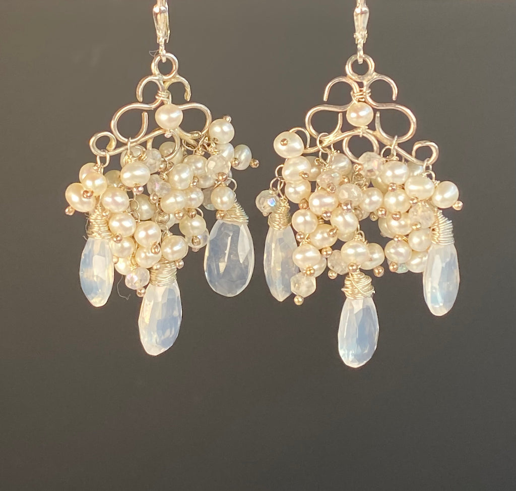 Ivory Pearl & Ice Quartz Chandelier Earrings Sterling Silver - Doolittle