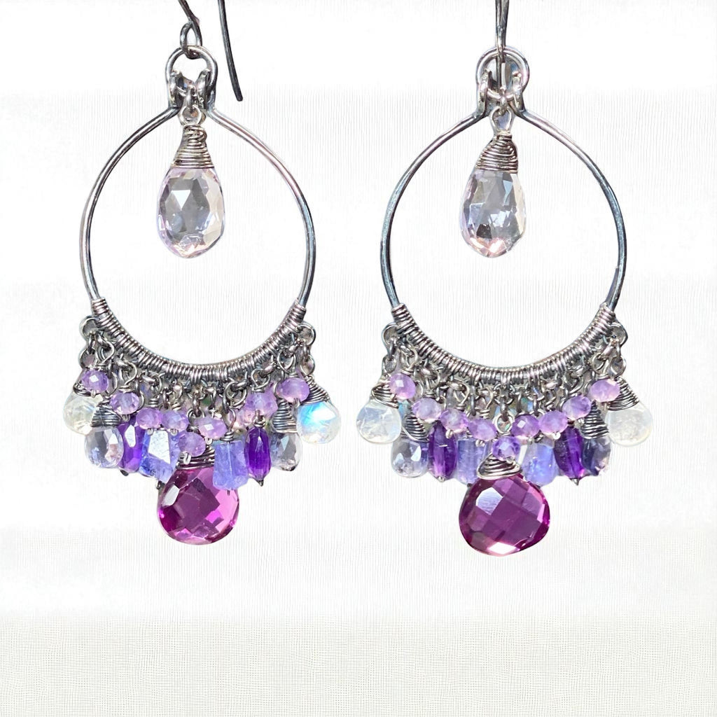 Blue Violet Statement Chandelier Hoop Earrings in Oxidized Sterling Silver
