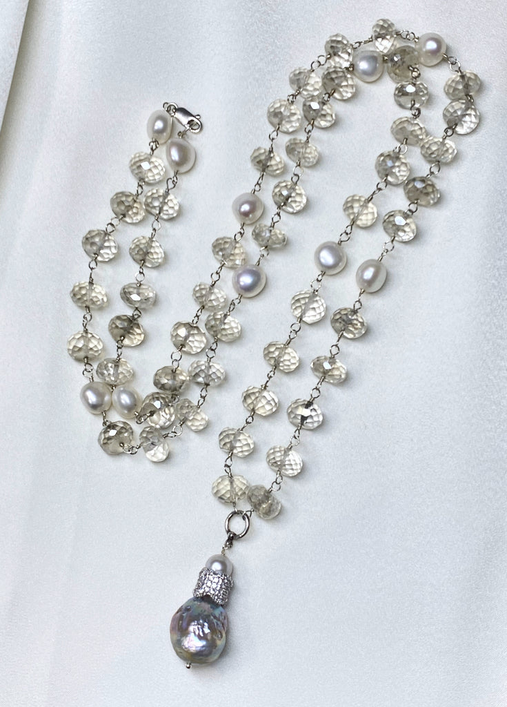 Mystic Silver Quartz and Pearl Long Wire Wrap Necklace Sterling Silver