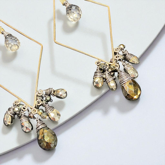 Mixed Metal Statement Hoop Earrings Pyrite Spinel Gemstones Gold Fill
