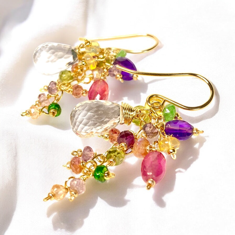 Crystal Quartz Dangle Earrings with Multi Gemstone Cluster in Gold Fill, 12