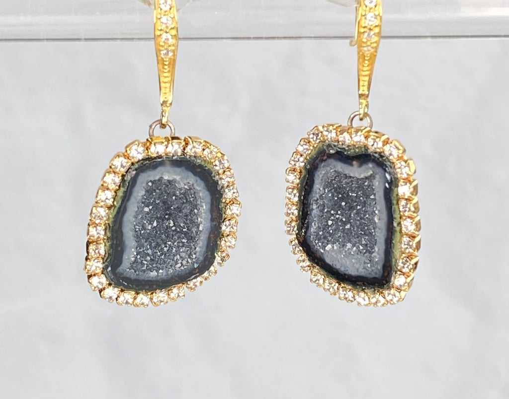 Black Tabasco Geode Druzy Earrings with Austrian Crystal Halo — Diamond Style Dangle Earrings - Doolittle