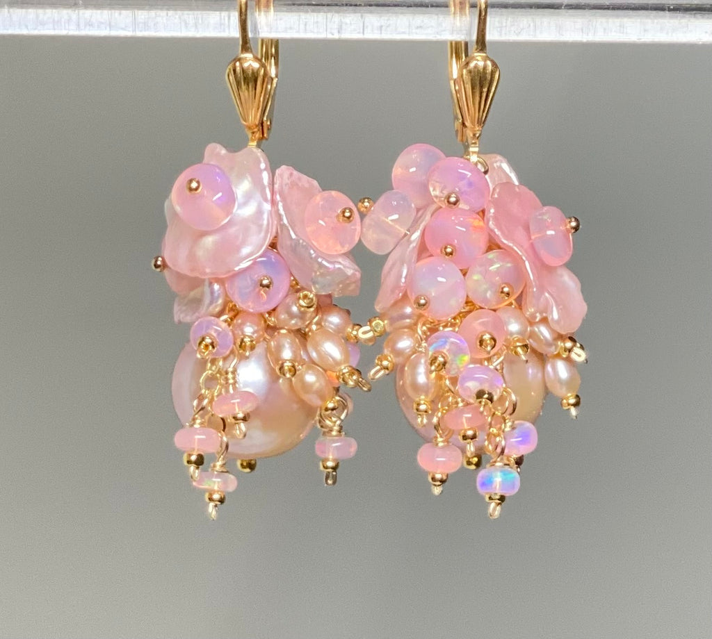 Pink Pearl Ethiopian Opal Cluster Bridal Earrings Gold Fill