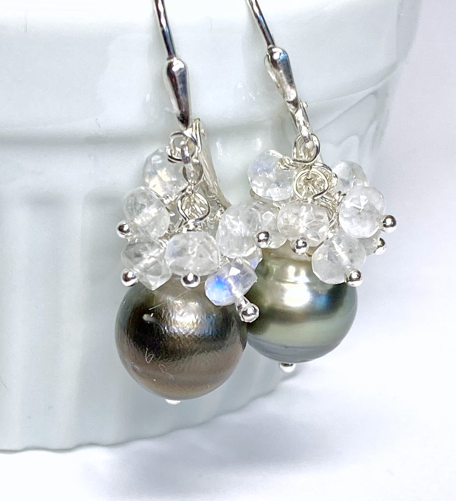 Tahitian Pearl Moonstone Cluster Earrings Sterling Silver