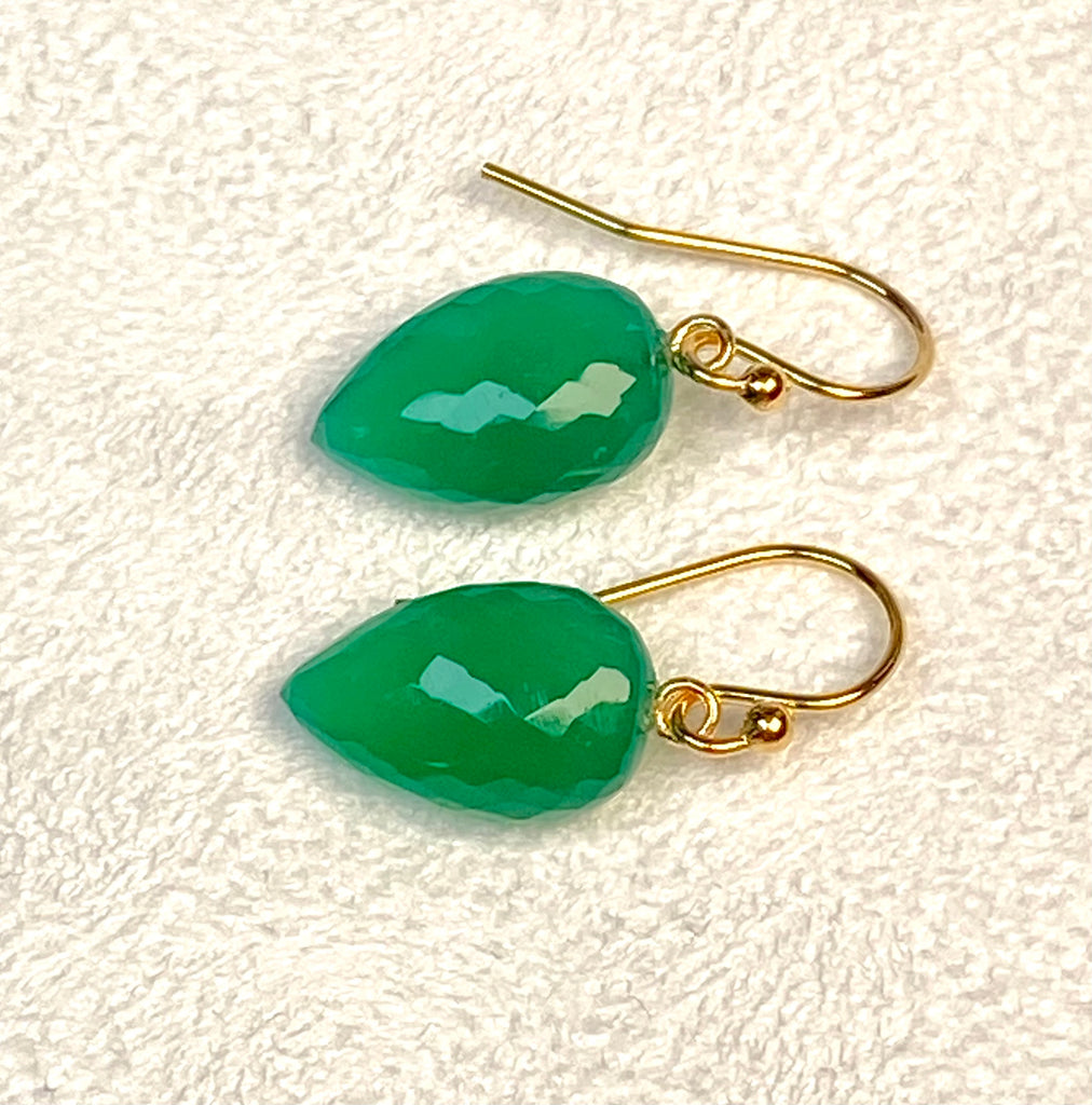 Green Onyx Flat Briolette Long Drop Earrings 14k Gold Fill