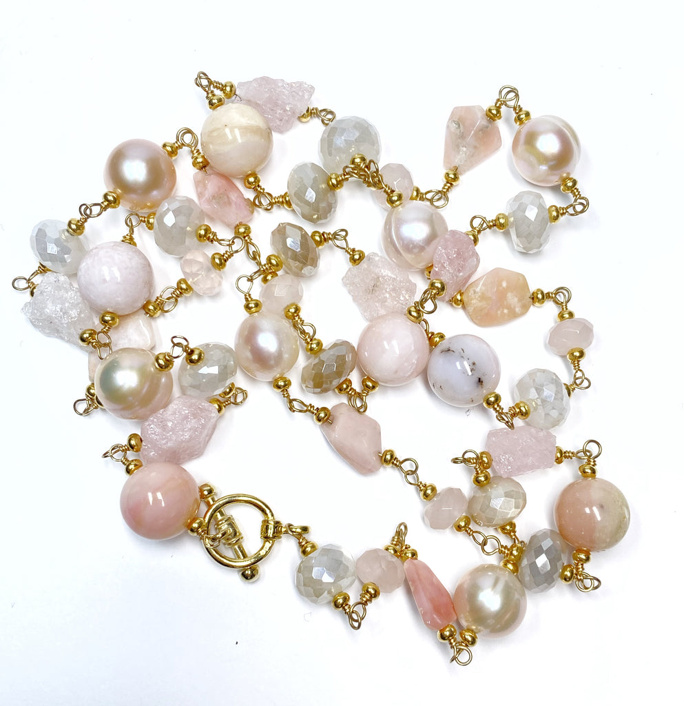 Pink Blush Gemstone and Pearl Long Necklace Gold Fill Wire Wrap