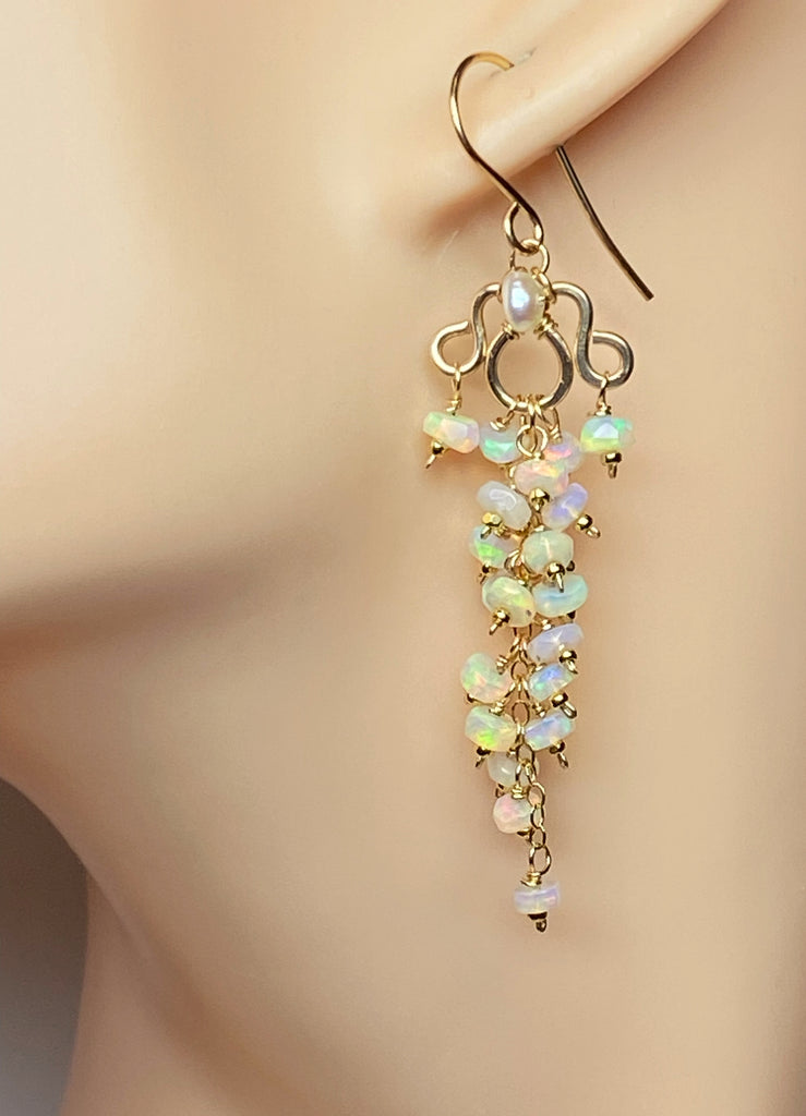 White Ethiopian Opal Chandelier Tassel Earrings Gold Fill