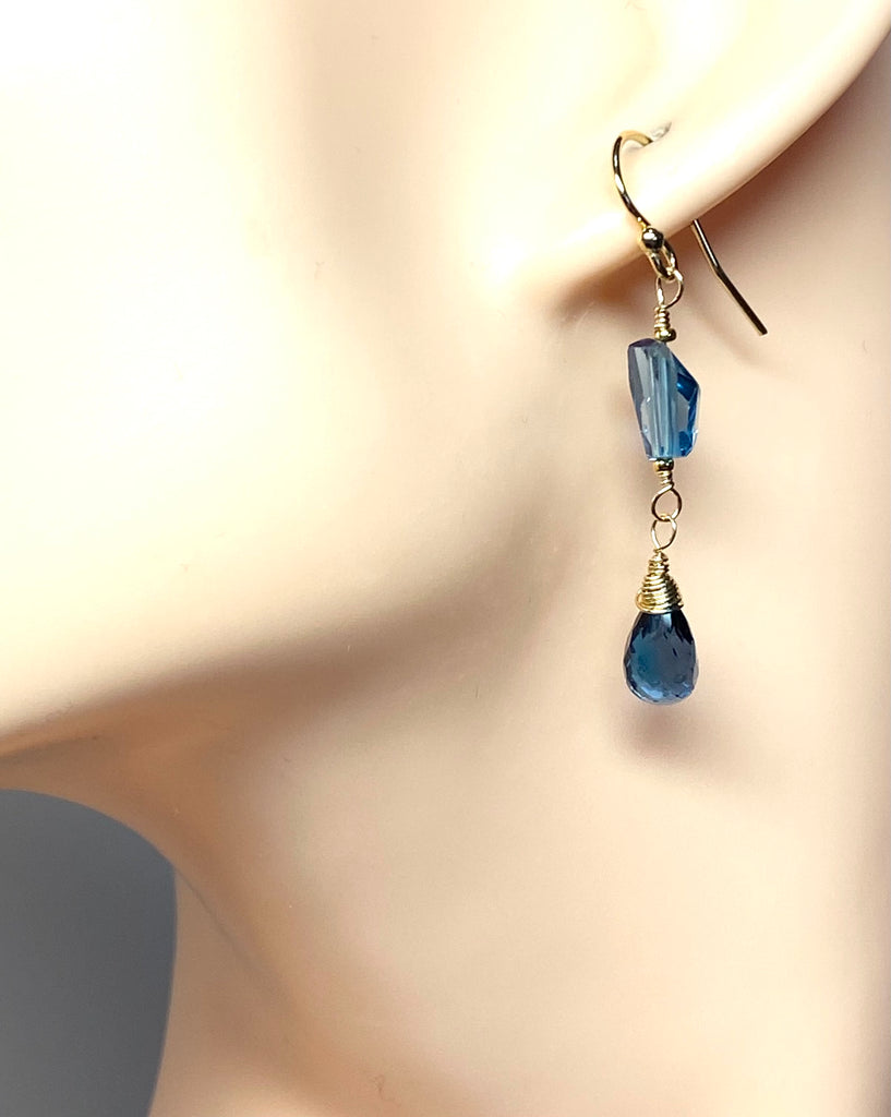 London Blue Topaz Gemstone Nugget Dangle Earrings 14k Gold Fill