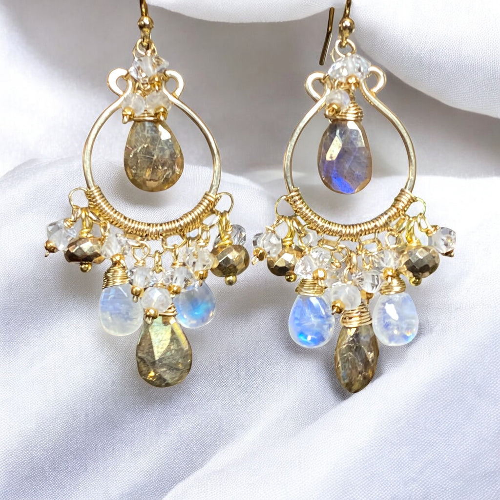Rainbow Moonstone Gold Labradorite Chandelier Hoop Earrings Gold Fill