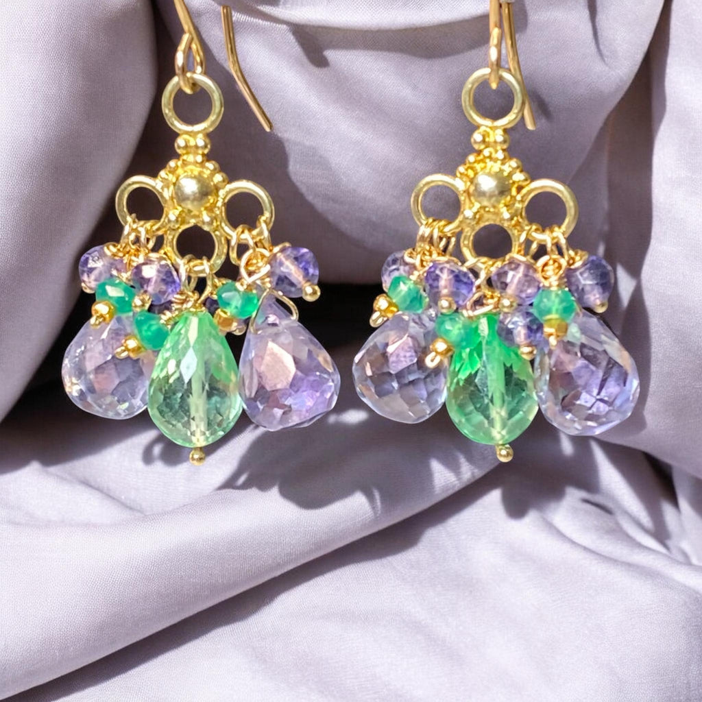 Green Blue Chandelier Earrings with Green Topaz